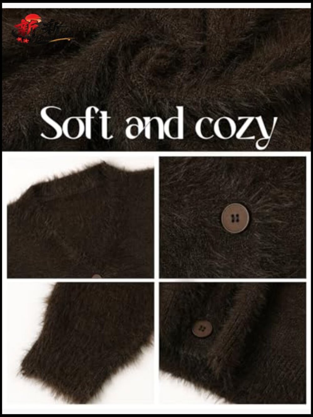 V Neck Fuzzy Knit Cardigan Sweater Button Down Slouchy Long Sleeve - Picture 6 of 7